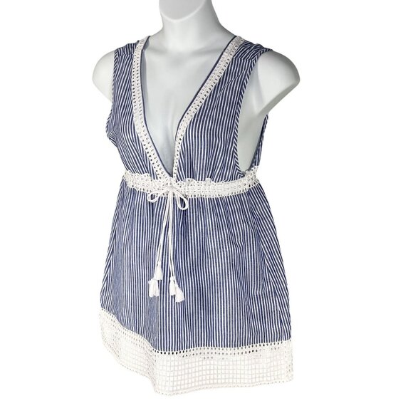J Crew Women M 60% Linen Swim Dress Striped Eyelet Lace Tassel Drawstring Beachy - Picture 6 of 14